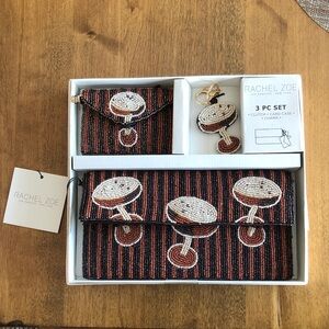 Rachel Zoe Beaded Clutch, Card Case, charm / keychain Set. Espresso martini.